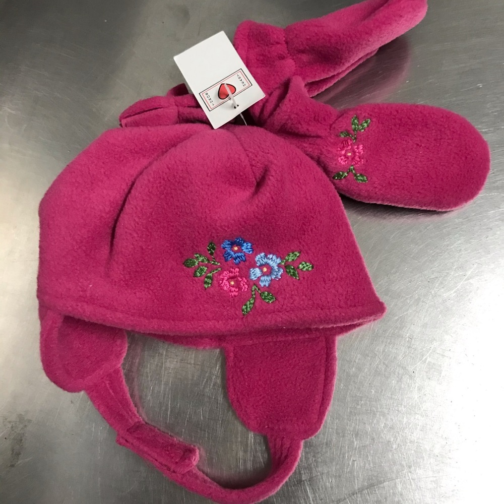 Girls Heart Throb Pink Floral Hat and Mittens NWT
